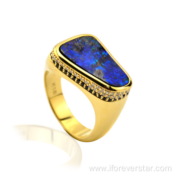 Customize 18K Real Gold Natural Blue Opal Rings